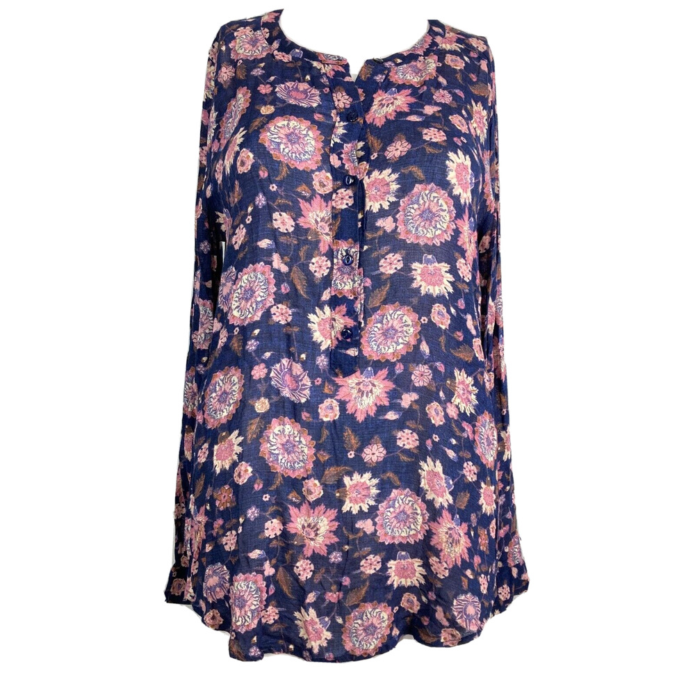 Lucky Brand Shirt Women Sz‎ S Live In Love Navy Blue Pink Floral Tunic Blouse